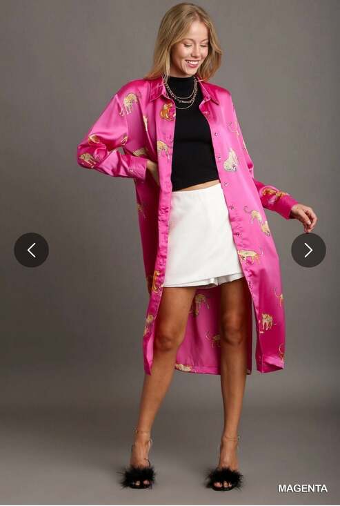 Umgee Dresses & Skirts - Umgee Satin Cheetah Print Button-Down Midi Shirt Dress in Magenta Pink